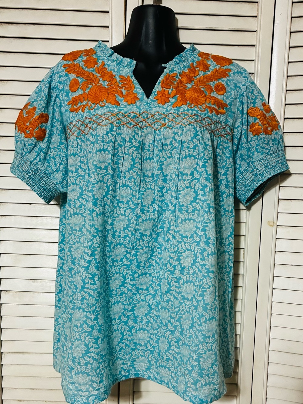 Embroidered Turquoise Peasant Blouse with Orange Accents
